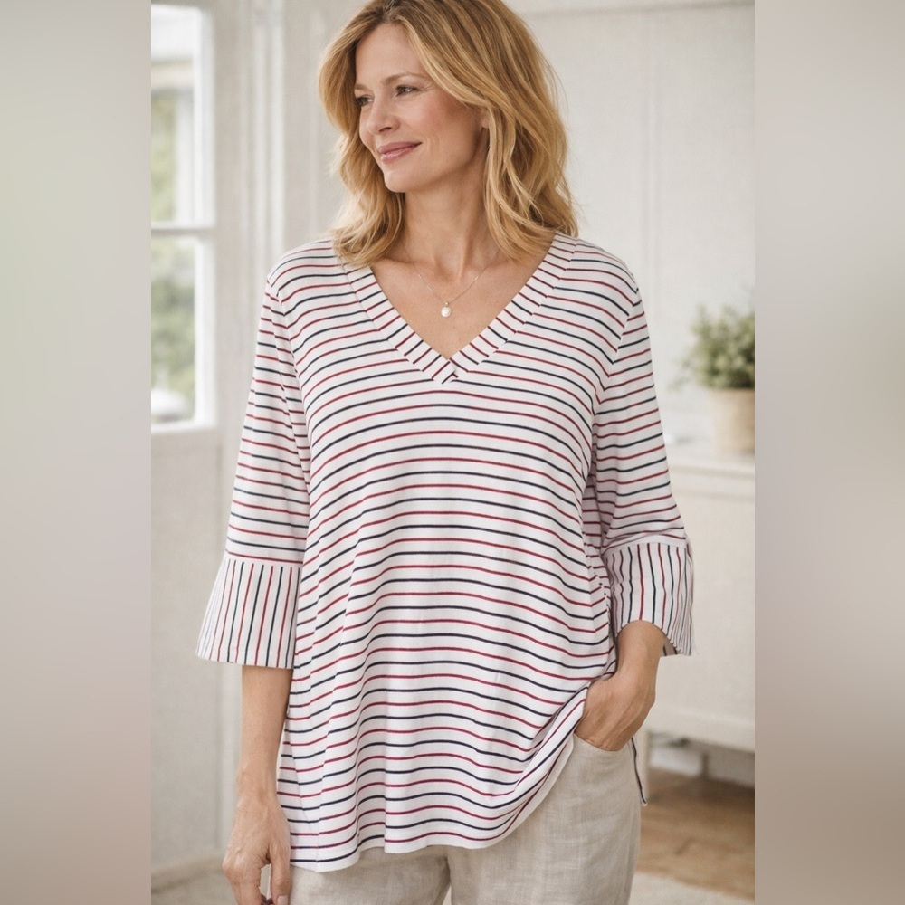 J Jill Womens Stripe Top XL Red White Blue Bell Sleeve Vneck Pima Cotton Modal
